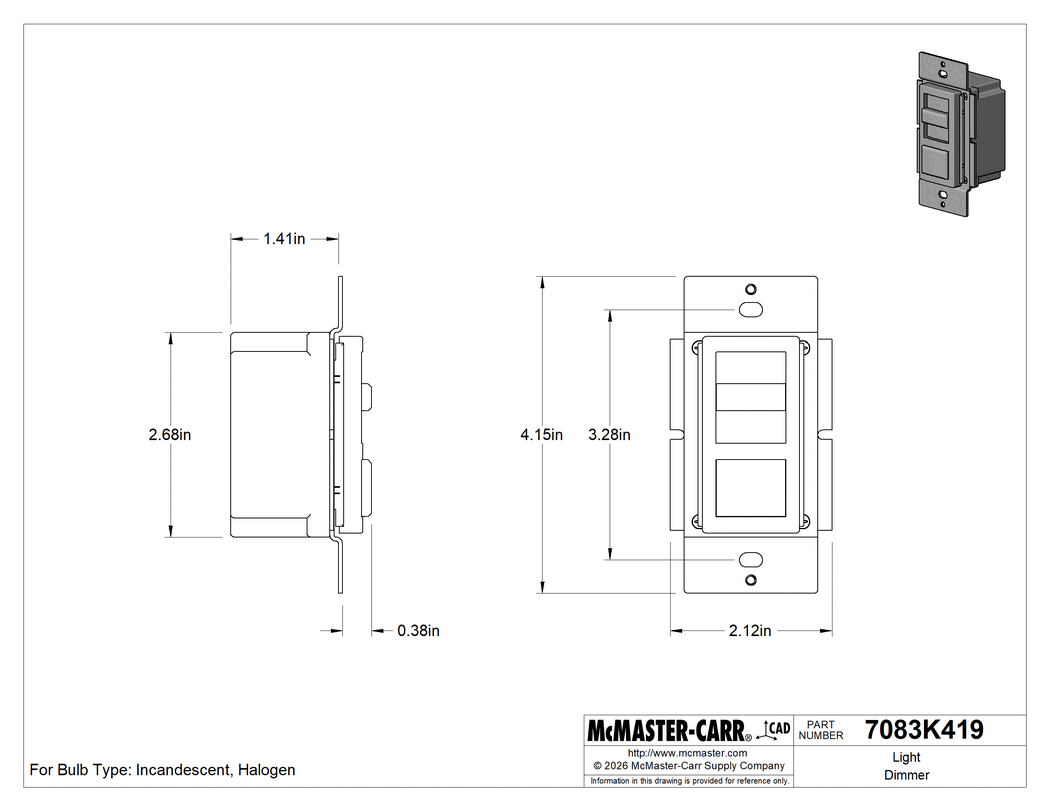 Technical Drawing of Light Dimmer, Push Button with Slide Dimmer, 1 Circuit, 3 Terminals.